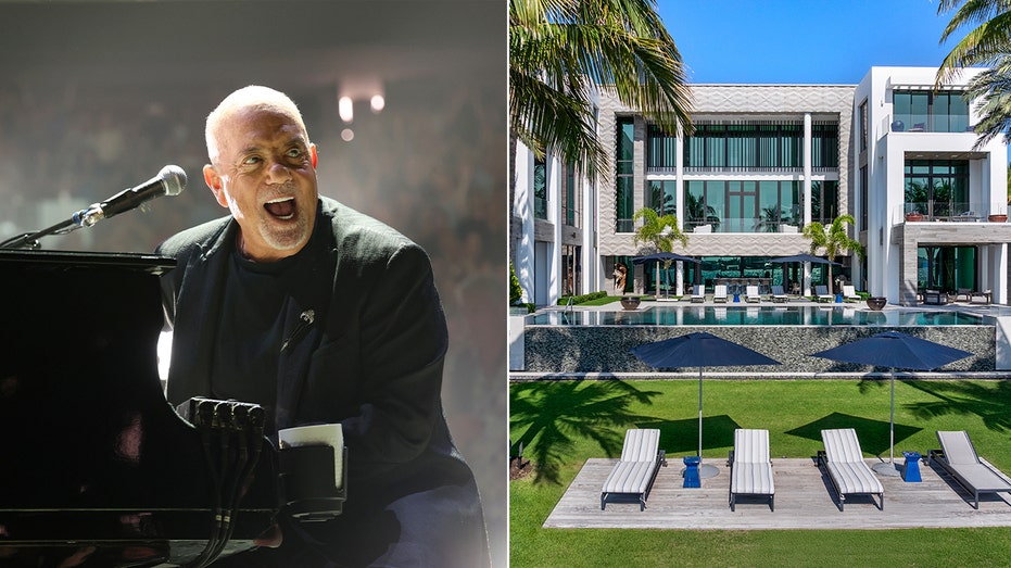 Billy Joel on stage split with the exterior of a home.