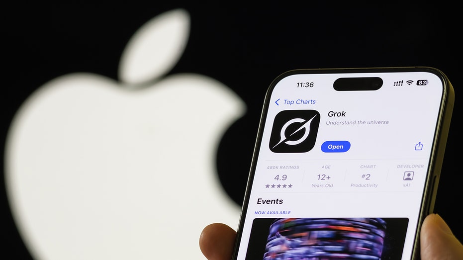 Grok app in the App Store with the Apple logo in the background