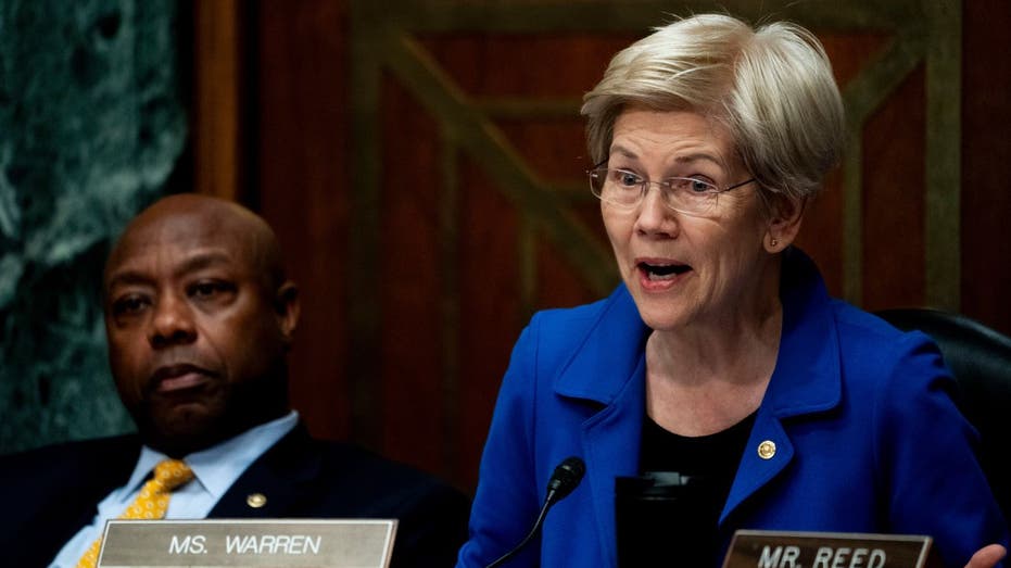 Sen. Warren closeup shot; Sen. Tim Scott to her right
