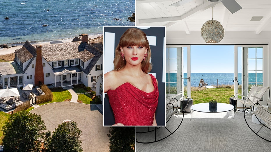 Taylor Swift inset over a split of her home.