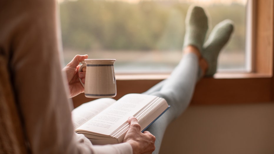 A woman reading a book by the window